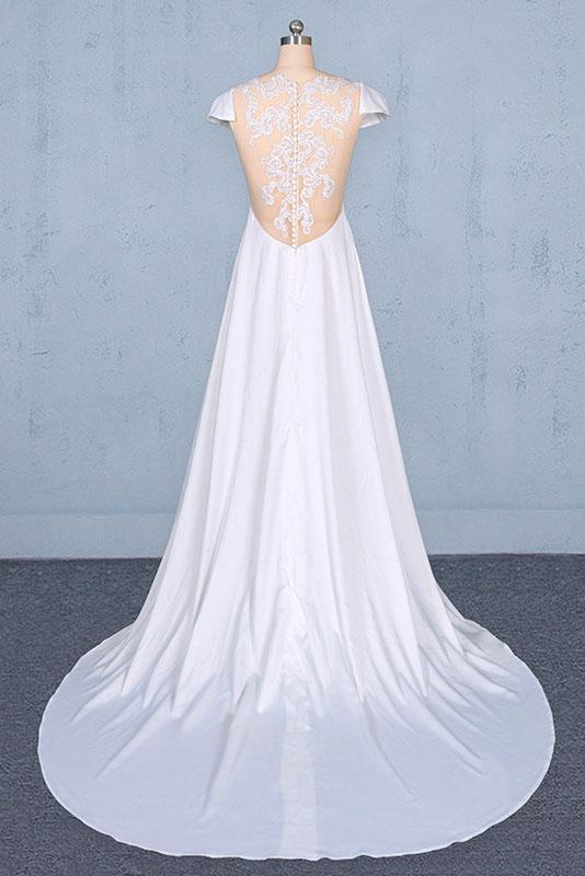 Simple A Line Cap Sleeves Wedding Dress with Lace, Long Bridal Dress with Lace UQ2351