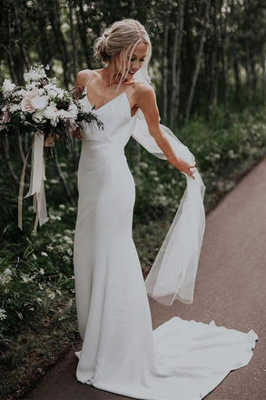 Spaghetti Straps Mermaid Backless V-Neck Beach Wedding Dresses, Long Bridal Gown CHW0143