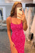 Glitter Hot Pink Sequins Mermaid Backless Long Prom Dresses, Formal Dresses With Side Slit CHP0108