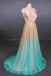 Ombre Deep V Neck Sleeveless A Line Prom Dress, Ombre Backless Shiny Evening Dress UQ2334