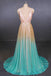 Ombre Deep V Neck Sleeveless A Line Prom Dress, Ombre Backless Shiny Evening Dress N2334