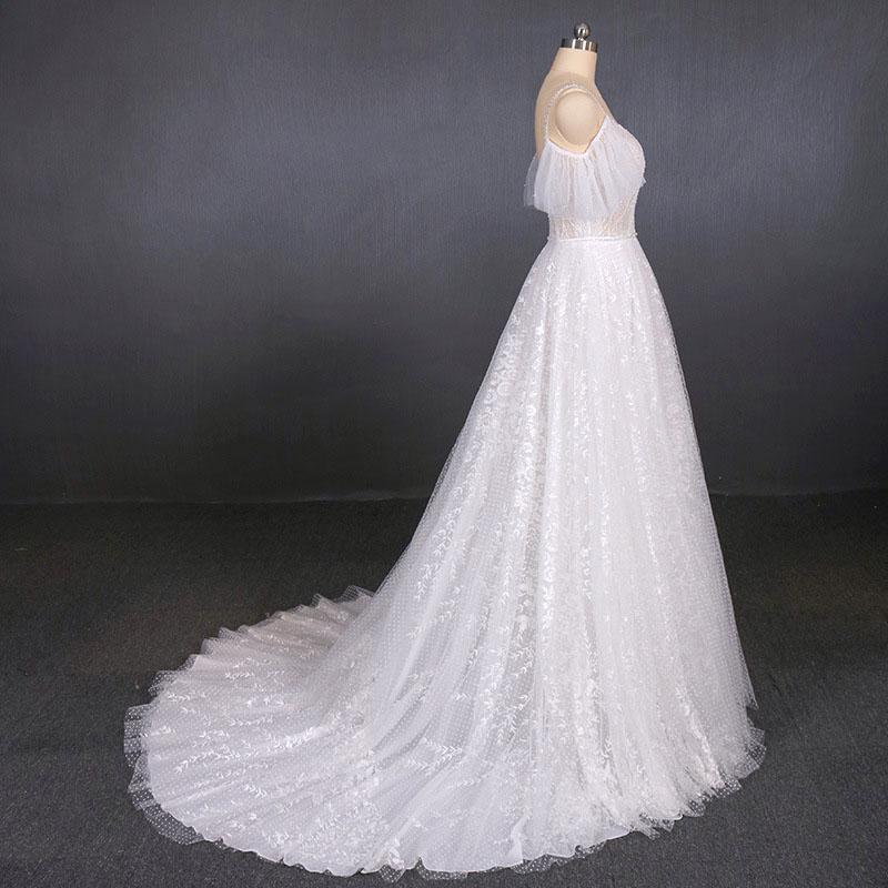 Elegant Sexy Spaghetti Straps Lace Wedding Dress, A Line V Neck Beach Wedding Dress UQ2353