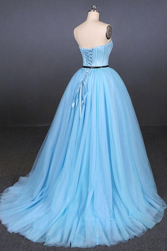 Light Blue High Low Strapless Tulle Prom Dresses, Hi-Lo Tulle Evening Dresses UQ2340