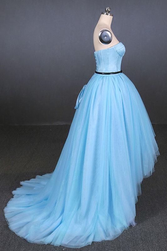 Light Blue High Low Strapless Tulle Prom Dresses, Hi-Lo Tulle Evening Dresses UQ2340