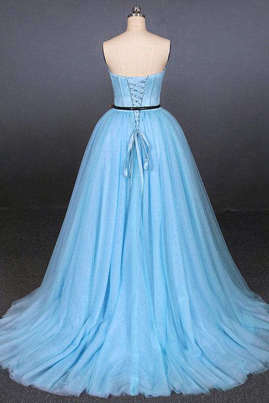Light Blue High Low Strapless Tulle Prom Dresses, Hi-Lo Tulle Evening Dresses UQ2340