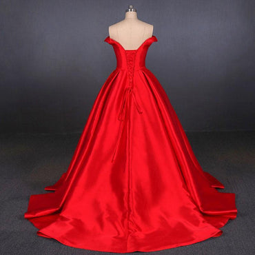 Puffy Off the Shoulder Red Satin Prom Dress, A Line Party Dress with Belt UQ2342