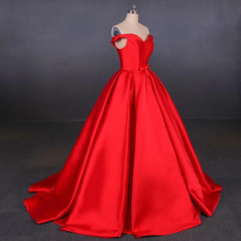 Puffy Off the Shoulder Red Satin Prom Dress, A Line Party Dress with Belt UQ2342