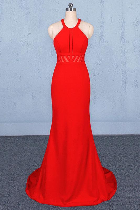 Stylish Halter Mermaid Prom Dress, Red Mermaid Open Back Long Evening Dresses N2341