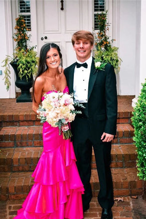 Gorgeous Hot Pink Satin Mermaid Long Prom Dress With Tiered, Formal Gown CHP0168