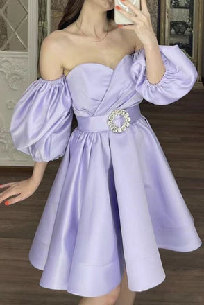 Purple Satin Off-the-Shoulder Short Homecoming Dresses,Short Prom Gowns With Belt chh0088