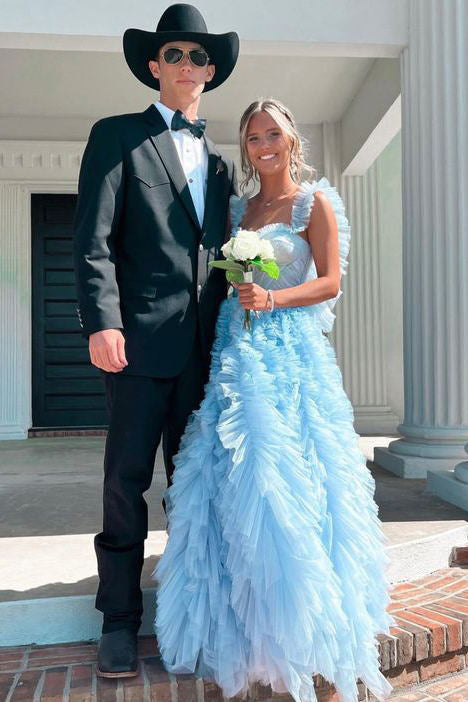 Light Sky Blue Tulle Princess Ruffle Straps With Tiered Long Prom Dress CHP0169
