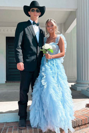 Light Sky Blue Tulle Princess Ruffle Straps With Tiered Long Prom Dress CHP0169
