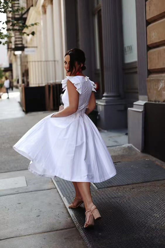 Simple White Satin Tea-Length Homecoming Dressess,Ruched Short Formal Gown chh0093