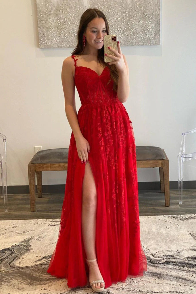 Elegant A-line Red Lace Spaghetti Straps Prom Dresses With Applique,Party Gown With Slit chp0131