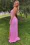 Glitter Pink Mermaid Sequins Spaghetti Straps Formal Dresses, Long Prom Dress with Slit CHP0134