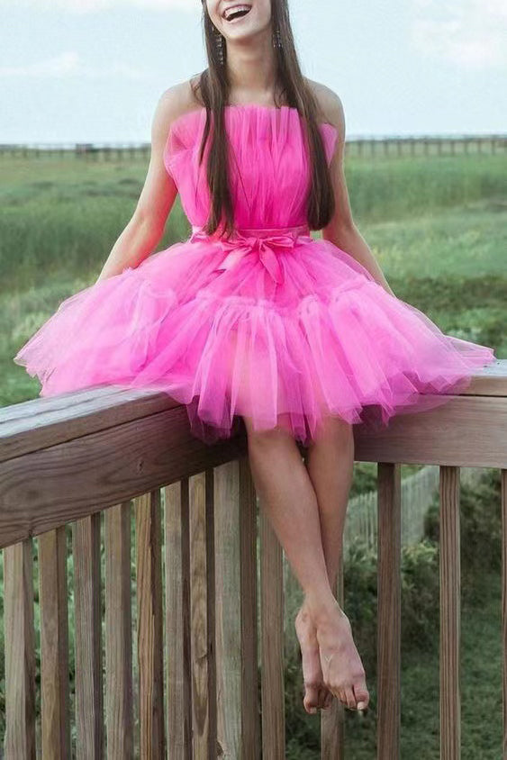 Hot Pink Strapless Tiered Homecoming Dress With Layers, Party Gown chh0098