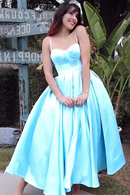 Simple Blue Satin Tea-Length Homecoming Dressess,Spaghetti Straps Short Formal Gown chh0097