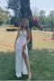 Glitter White Sequins Mermaid Long Prom Dress,Cross Back Formal Gown CHP0122