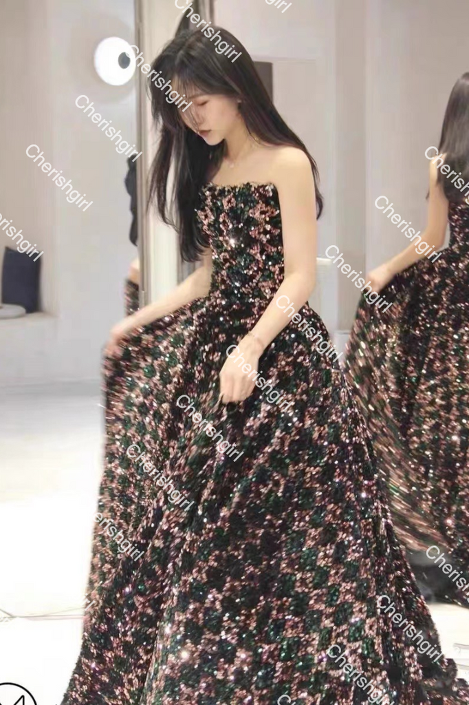 Gorgeous A-Line Shiny Sequins Strapless Prom Dress, Sparkly Formal Gown CHP0176