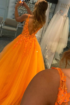Charming Orange Lace A Line V Neck Open Back Long Prom Dresses,Orange Lace Formal Dresses CHP0104