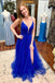 Blue Tulle Long Prom Dress with High Slit,Backless Blue Formal Graduation Evening Dress CHP0148