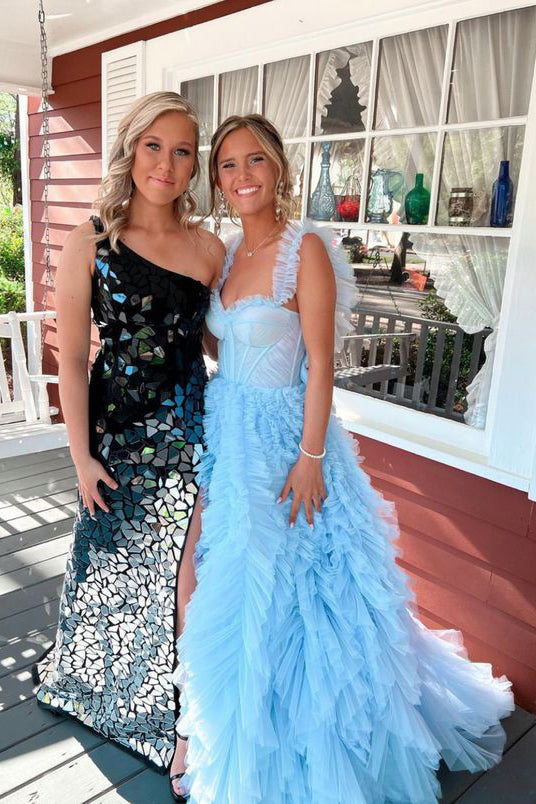 Light Sky Blue Tulle Princess Ruffle Straps With Tiered Long Prom Dress CHP0169