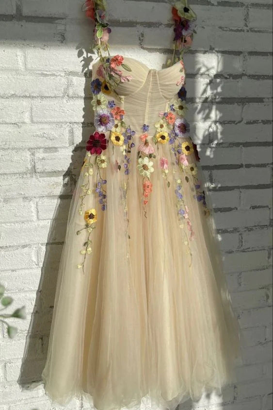 Light Champagne Ankle-Length Evening Gowns, 3D Flowers Straps Prom Dress CHP0185