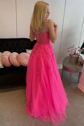 Hot Pink A Line Tulle Lace Appliques Long Prom Dress, Gorgeous Formal Gown CHP0167