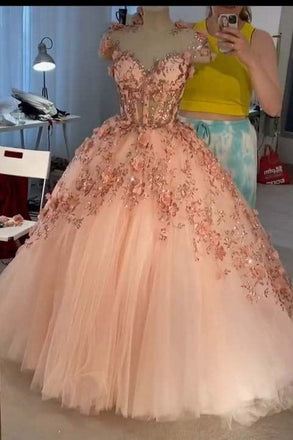 Pink 3D Flower See-through Tulle Prom Dress, Beautiful A-line Sweetheart Quinceanera Dresses CHP0162