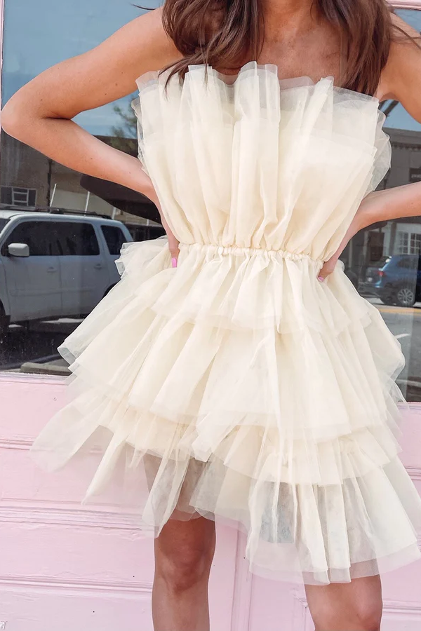 Yellow Strapless Tiered Homecoming Dress With Layers, Party Gown chh0128