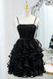 Black Spaghetti Straps Tulle Homecoming Dress with Layers, Mini Prom Gown CHH0075