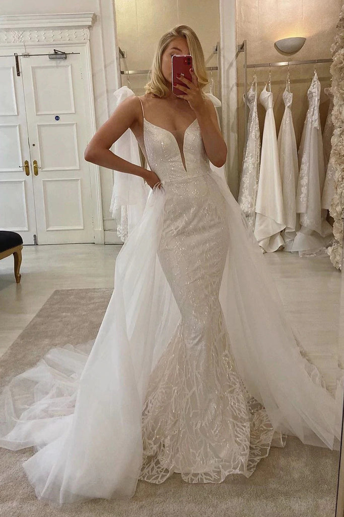 Elegant 2 Pieces Mermaid Sequin lace V-neck Wedding Dresses,Newest Bridal Gown CHW0041