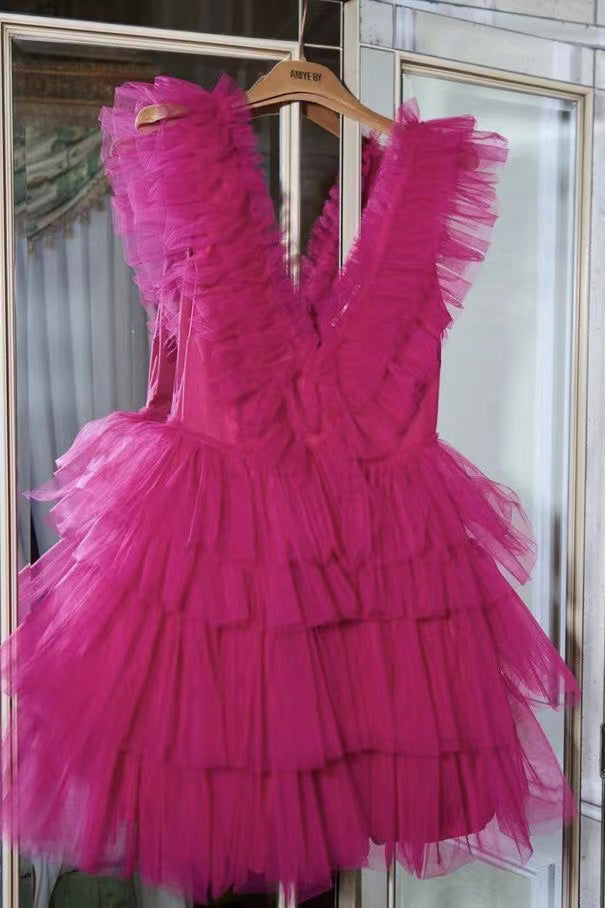 Hot Pink Short Homecoming Dress, Tiered Tulle Mini Prom Party Dress chh0072