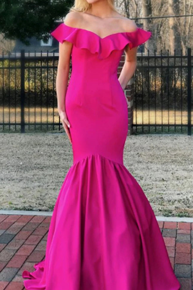 Hot Pink Satin Mermaid Off the Shoulder Prom Dress,Formal Evening Gown CHP0150
