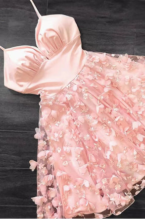 A-line 3D Flowers Spapghetti Strap Short Pink Homecoming Dress, Short Sweet 16 Dresses chh0112
