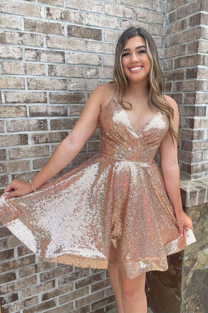 Champagne Sequins A-line Short Homecoming Dress,Mini Prom Dress, Graduation Dresses chh0077