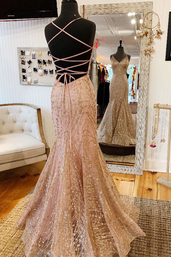 Shiny Rose Gold Mermaid V-Neck Long Prom Dress with Criss Cross Back, cherishgirls Shiny Rose Gold Mermaid V-Neck Long Prom Dress with Criss Cross Back, cherishgirls
