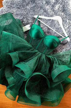 Shiny Green Spaghetti Straps Tulle Homecoming Dress with Layers, Mini Prom Gown CHH0135