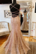 Shiny Rose Gold Mermaid V-Neck Long Prom Dress with Criss Cross Back,  Floor-Length Party Dresses CHP0111