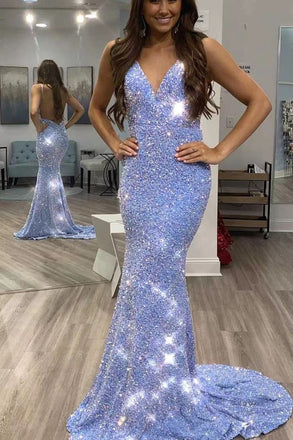 Gorgeous Shiny Blue Sequins Mermaid Backless Prom Dress, Formal Gown CHP0129