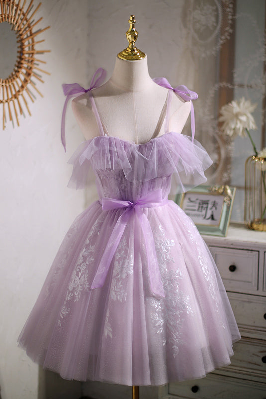 Cute Light Purple Tulle Homecoming Dress with Bowknot, Prom Gown CHH0074