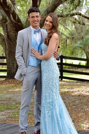 Light Blue Mermaid Lace Spaghetti Straps Prom Dresses With Appliques CHP0144