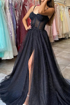 Black A Line Spaghetti Straps Prom Dresses With Slit, Sparkly Party Gown CHP0137