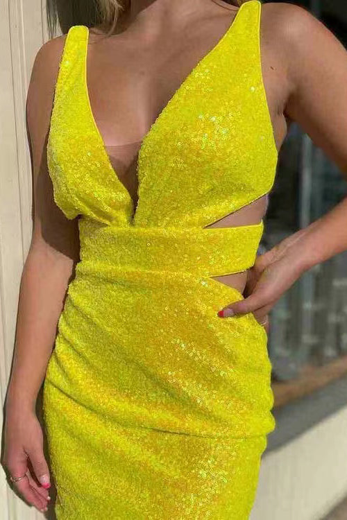Yellow V Neck Cut Out Bodycon Homecoming Dress, Short Mini Dresses, Hoco Dress chh0140
