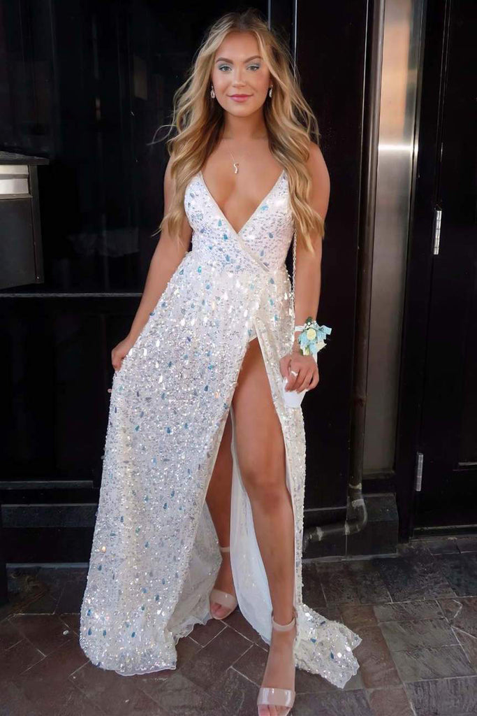 Glitter White Sequins Mermaid Spaghetti Straps Long Prom Dresses, Formal Dresses With Slit CHP0145