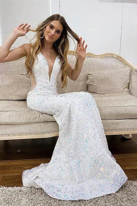 Sparkly White Deep V Neck Mermaid Prom Gown, Elegant Sequined Long Party Dress CHP0119
