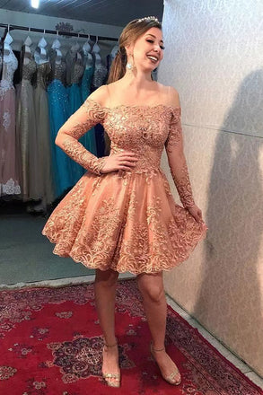 Off-the-Shoulder Pink Lace Applique Short Prom Dress,Long Sleeves Homecoming Dress chh0089
