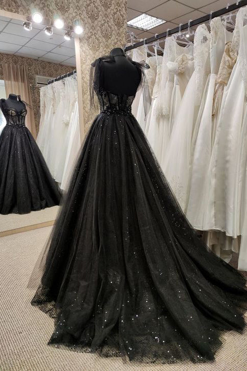 Black Tulle Long Prom Dress With Beaded Lace Appliques, Formal Evening Dress CHP0202