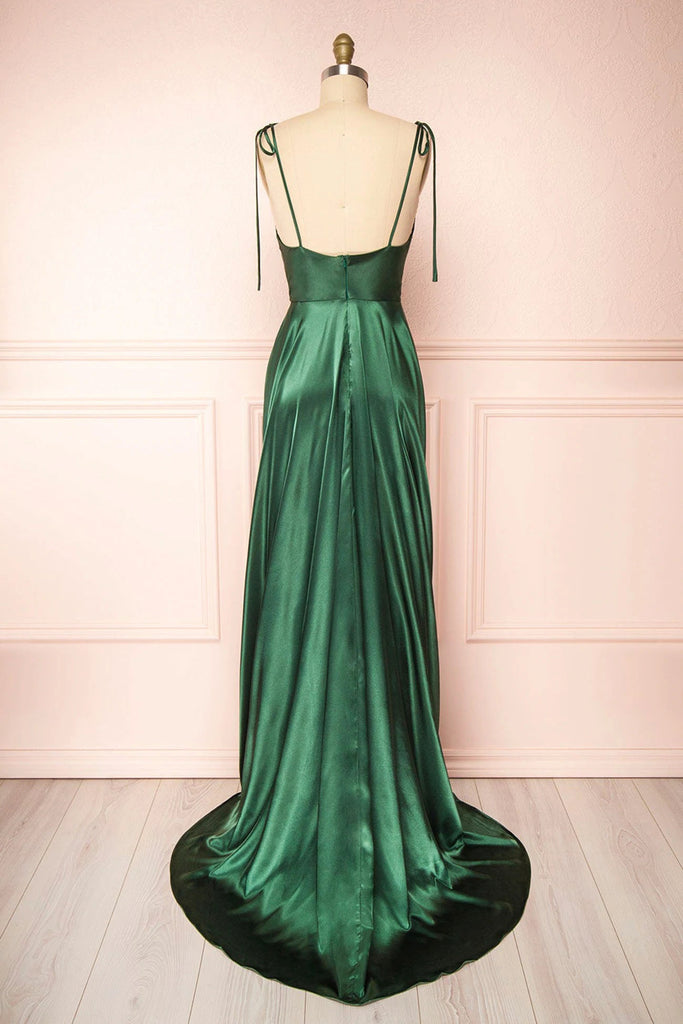 Simply Green Long Prom Dress With Slit, Spaghetti Straps Slit Evening Gown CHP0155