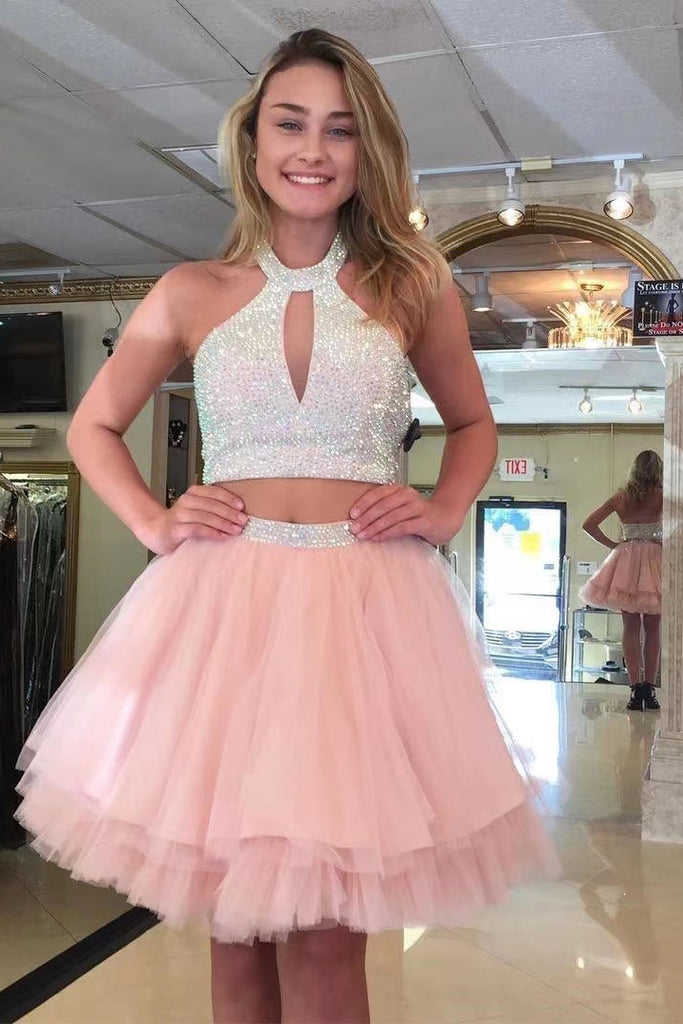 White And Pink Short Halter Two Piece Homecoming Dresses chh0085 cherishgirls White And Pink Short Halter Two Piece Homecoming Dresses chh0085 cherishgirls